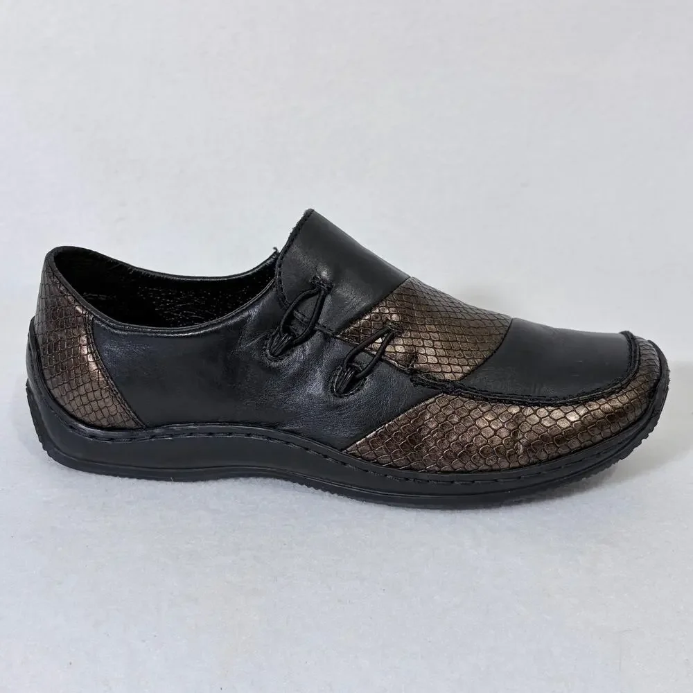 Rieker Comfort Slip On Shoes Womens 39 US 8 Black Leather Brown Argyle Metallic